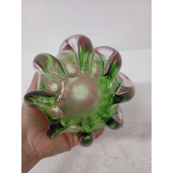 VTG Watermelon Twist Pink Green Art Glass Hand Blown Murano Style Vase 7.5" - Picture 8 of 10